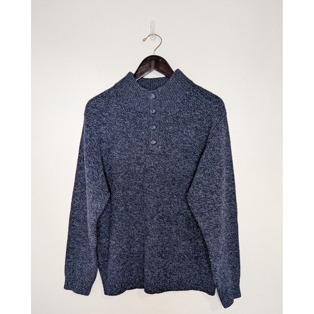 VTG LL Bean Men 100% Lambs Wool Henley 1/4 Button Sweater Marled Blue Large